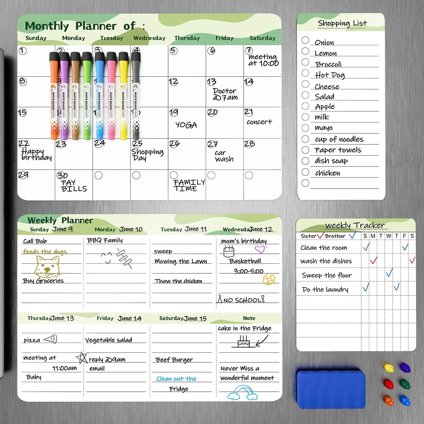 MARSROCK Refrigerator Calendar Magnetic, 16.3x11.7” (4-Pack) – Weekly & Monthly Planner, Chore Chart, Grocery/to-Do List for Fridge, Includes 8 Markers, 6 Magnets & 1 Eraser for Kitchen, Yellow
