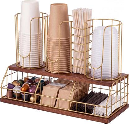 Geelin 18oz Adjustable Coffee Cup Dispenser with Wooden Base, Cup and Lid Holder, Cups Holder Organizer for Coffee Pod Straw and Lid Storage(2-compartment Single,Color 2)