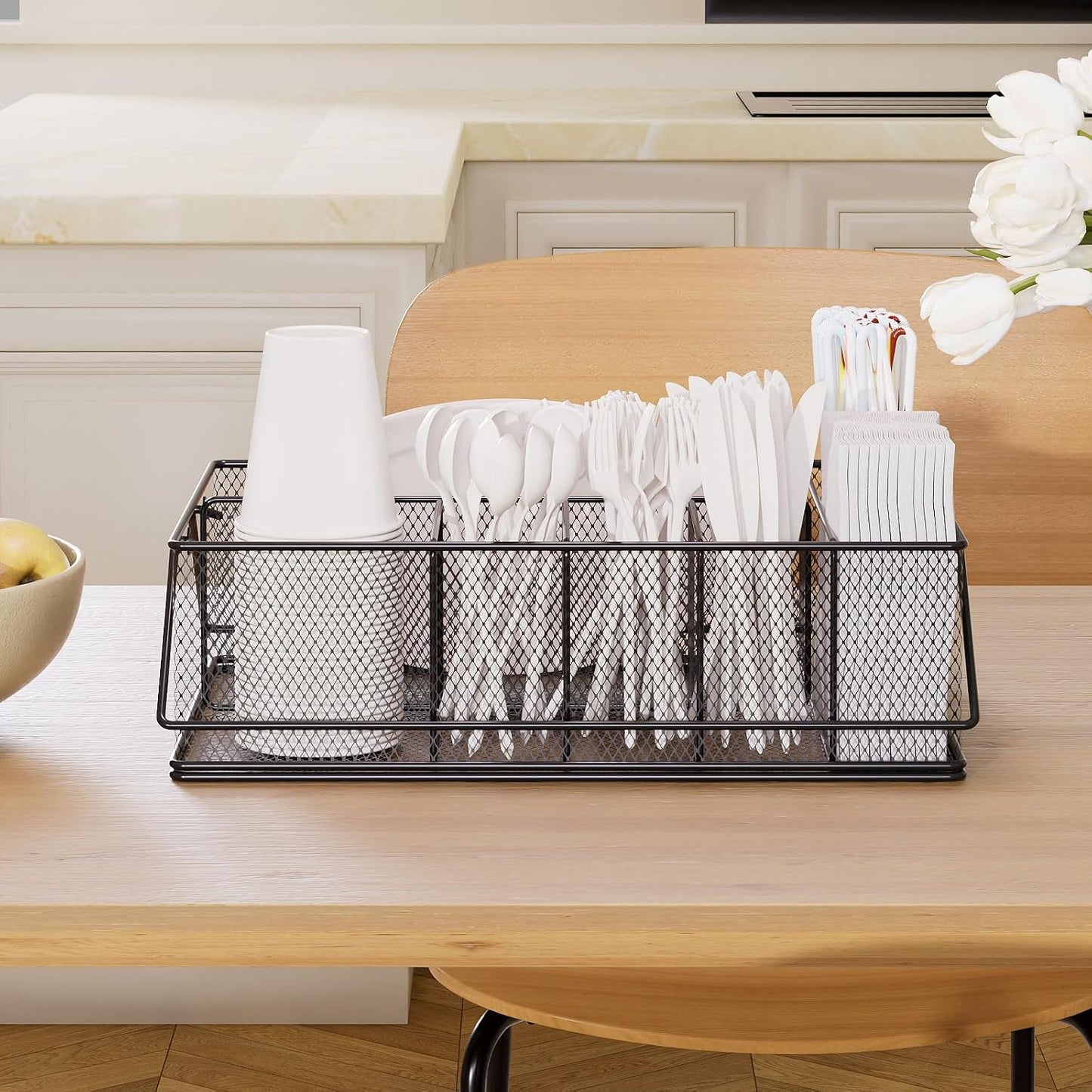 Paper Plate Organizer for Countertop, Metal Silverware Caddy with 6 Compartments for Cup, Napkin, Utensil Holder Caddy for Party, Camping, Picnic