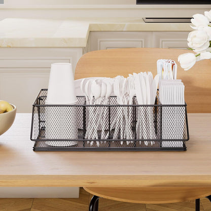 Paper Plate Organizer for Countertop, Metal Silverware Caddy with 6 Compartments for Cup, Napkin, Utensil Holder Caddy for Party, Camping, Picnic