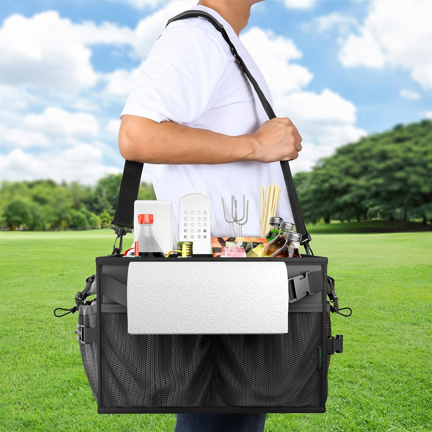 FANGSUN Black Grill Caddy, BBQ Organizer with Lid & Paper Towel Holder, Picnic Griddle Caddy for Outdoor Camping, Barbecue Accessories Organizer, 32L Capacity, Black