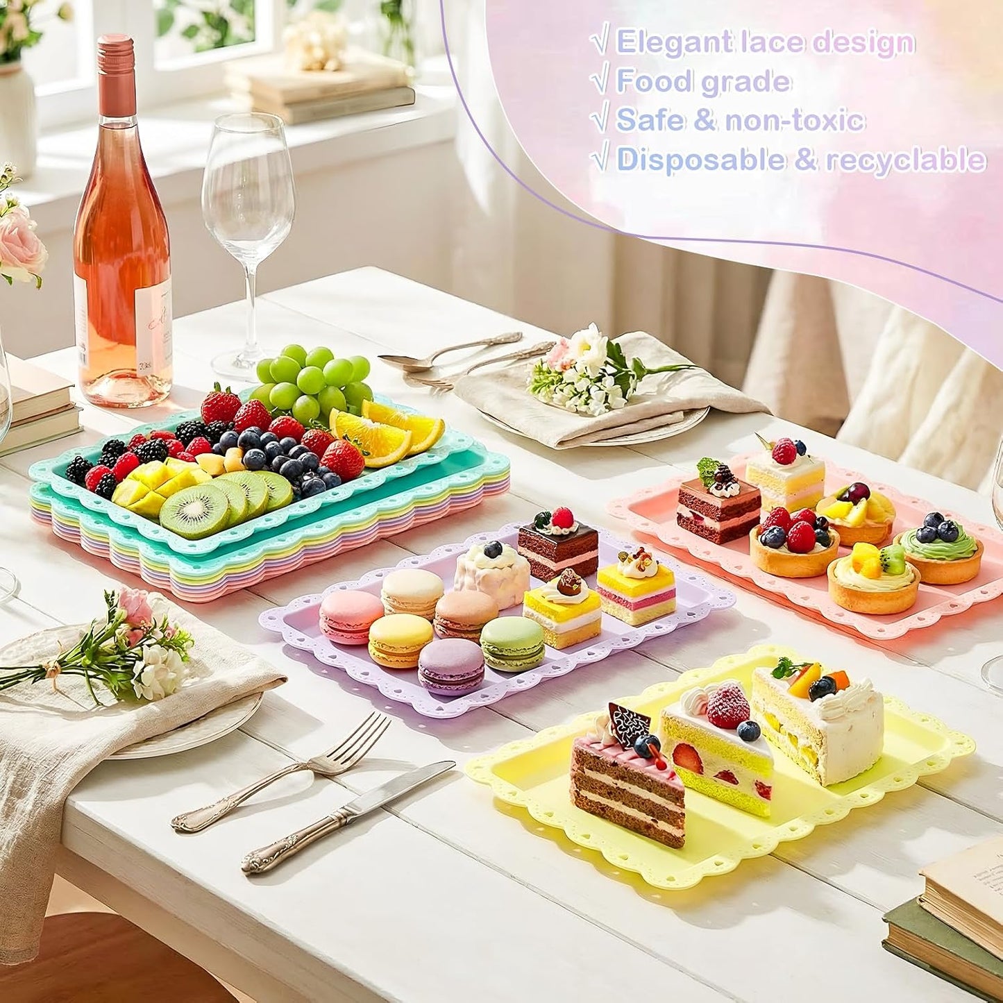 Yaomiao 12 Pcs Plastic Serving Trays for Party Pastel Food Tray Bulk 14x9 Rectangle Serving Food Tray Platter for Graduation Tea Party Cafeteria Kitchen Restaurant Dessert Coffee Fruit Cookie Snack