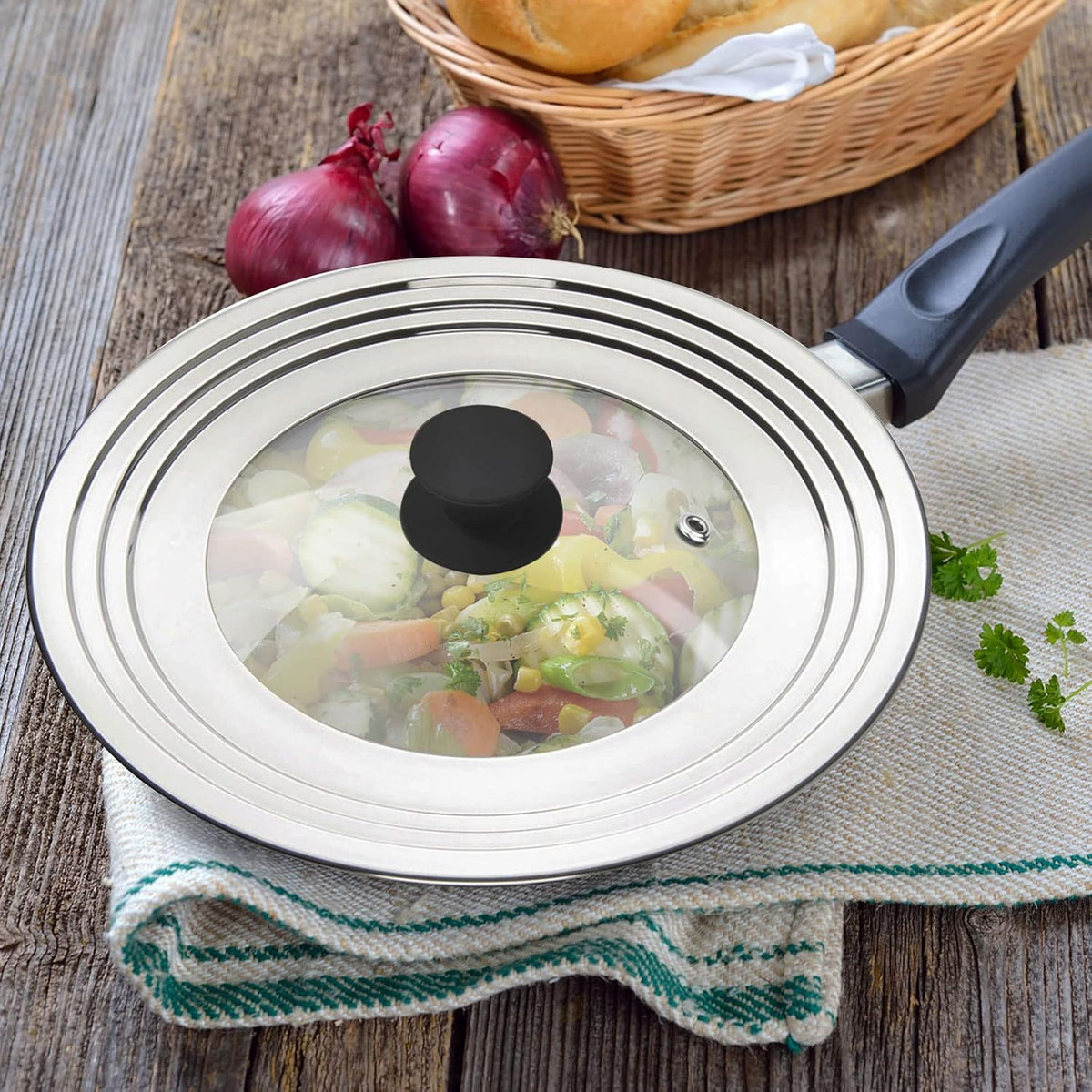 Universal Pans Pots Lid Cover Fit All 8.25 Inch to 12 Inch Pots/Pans/Woks Stainless Steel and Glass Lid with Heat Resistant Knob, Black