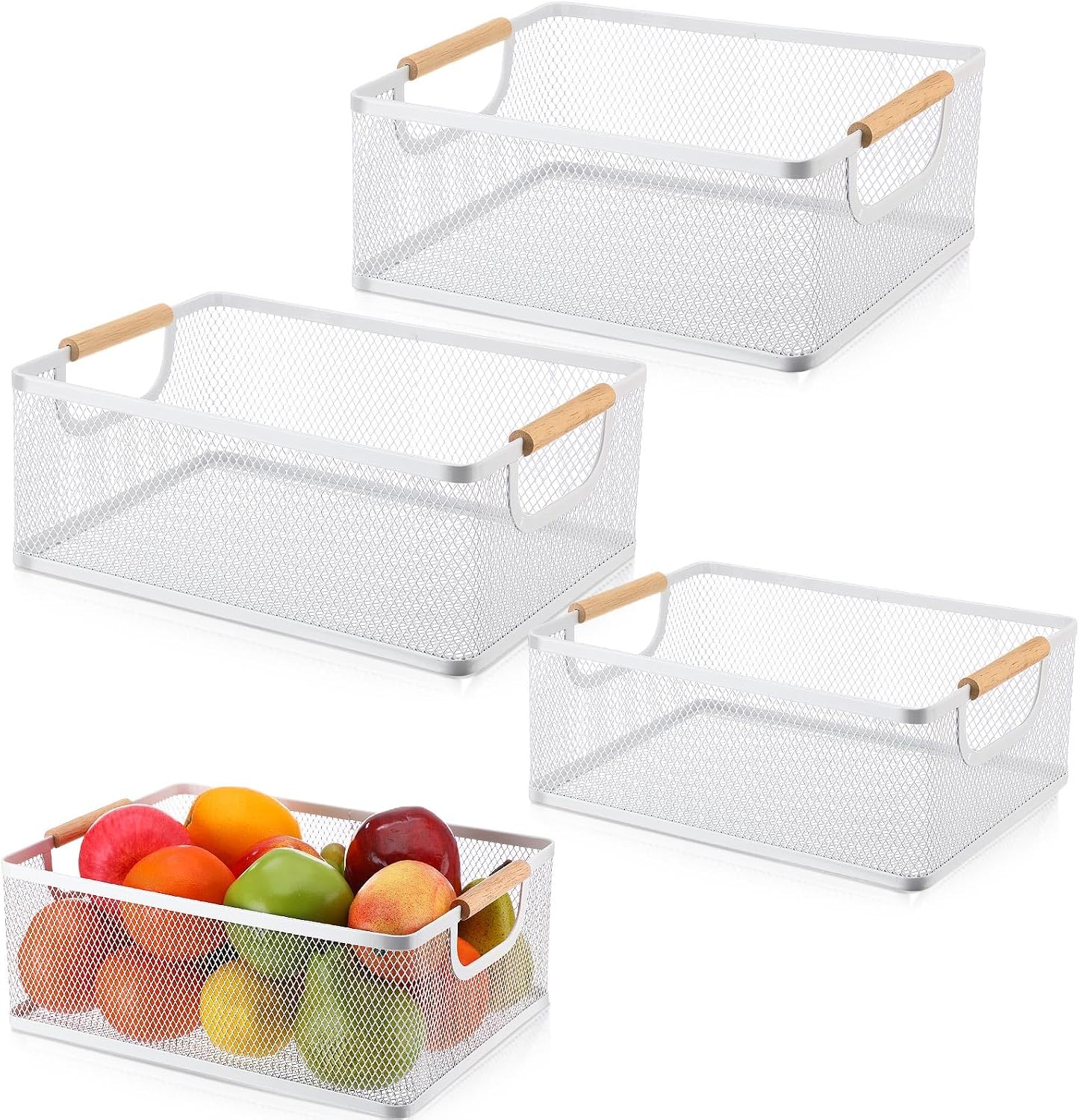 Rtteri 4 Pack White Metal Wire Basket with Wood Handle 2 Size Large Metal Mesh Basket Stackable Wire Storage Bin for Pantry Food Snacks Storage Kitchen Organizing