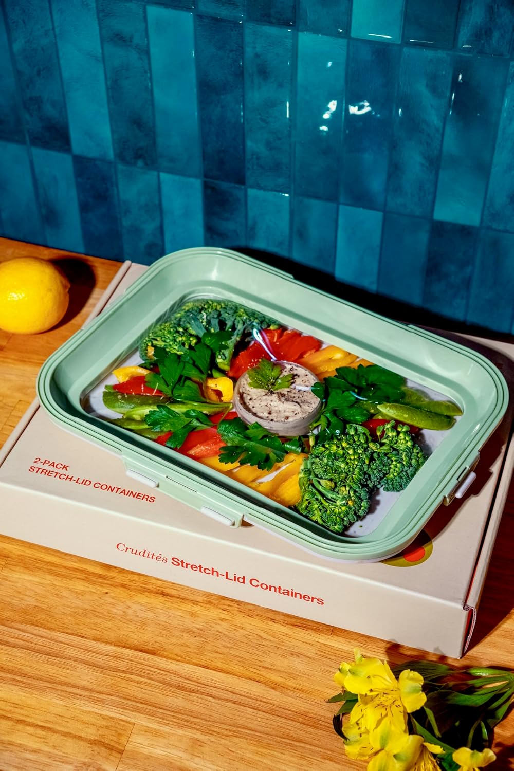 Crudités | Portable Snack Tray | Rectangle 2-Pack | Cream White | Reversible Stretch Lid Food Containers | BPA-Free, Freezer & Dishwasher Safe | Meal-Prep, Charcuterie, Salads, Picnic, Travel