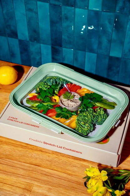 Crudités | Portable Snack Tray | Rectangle 2-Pack | Cream White | Reversible Stretch Lid Food Containers | BPA-Free, Freezer & Dishwasher Safe | Meal-Prep, Charcuterie, Salads, Picnic, Travel