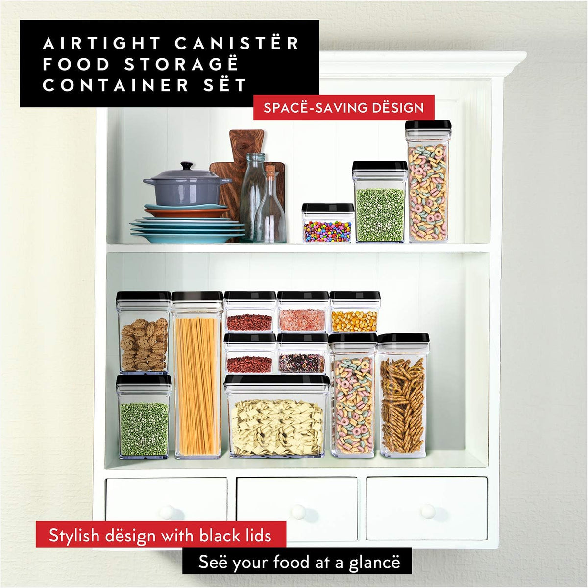 DWËLLZA KITCHEN Large Airtight Food Storage Containers - Clear Plastic Bulk Food Pantry & Kitchen Storage Containers for Flour, Sugar and Baking Supplies 4 Pcs. BPA-Free, Keeps Fresh & Dry (Black)