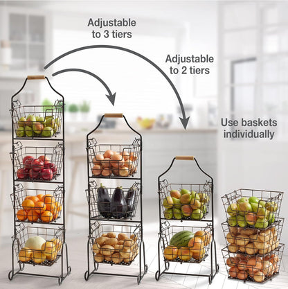 Mikasa Gourmet Basics Ferme 4-Tier Market Basket - Antique Black Wire and Acacia Wood Handle, Kitchen Fruit Vegetable Storage Organizer, 13.5 x 11.5 x 51 Inches