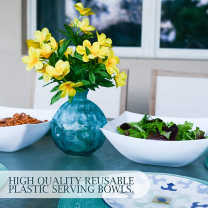 PLASTICPRO Disposable Square Serving Bowls, Party Snack or Salad Bowl, Plastic Clear or White Pack of 4 (16 OUNCE, White)