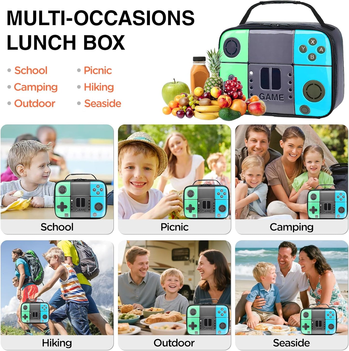 Kids Gamer Lunch Box for Boys, Game Console Insulated Lunch Bag, PU Leather Waterproof Lunchbox with Mesh Pocket, Durable Leakproof Lunch Tote Fits Bento Box for School