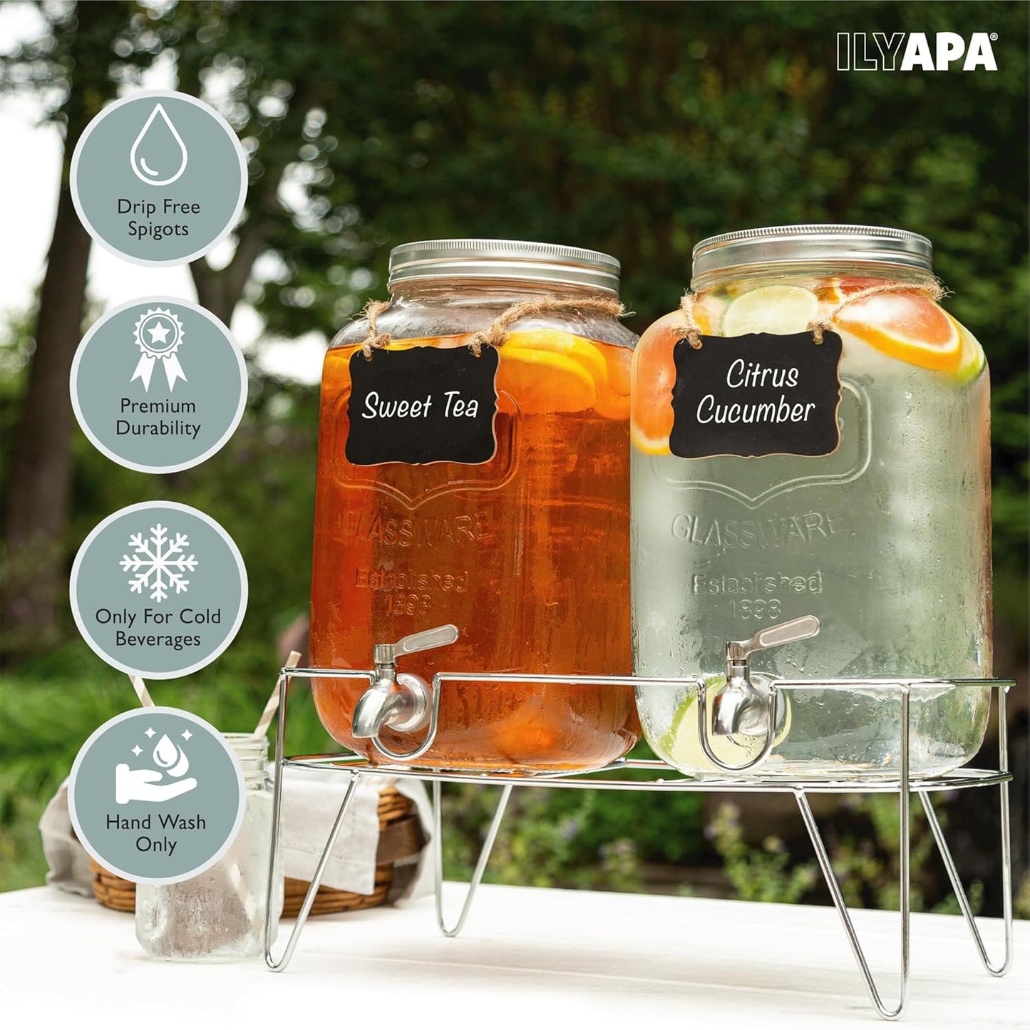 Ilyapa 2 Gallon Glass Beverage Dispenser, Metal Base, Stainless Steel Spigot & Hanging Chalkboard - for Lemonade, Tea, Cold Water & More