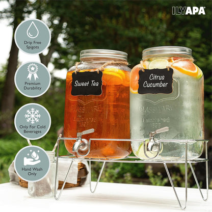 Ilyapa 2 Gallon Glass Beverage Dispenser, Metal Base, Stainless Steel Spigot & Hanging Chalkboard - for Lemonade, Tea, Cold Water & More