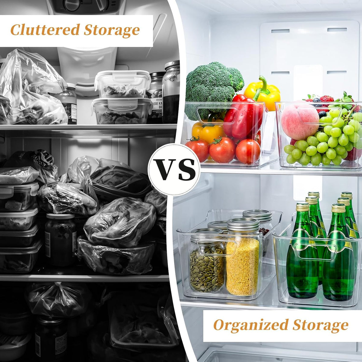 4 Pack Clear Storage Bins for Pantry Organization and Storage, Stackable Fridge Organizers with Built-in Handles, BPA Free Plastic Open Front Baskets for Kitchen Cabinet, Bathroom, Closet, and Toys