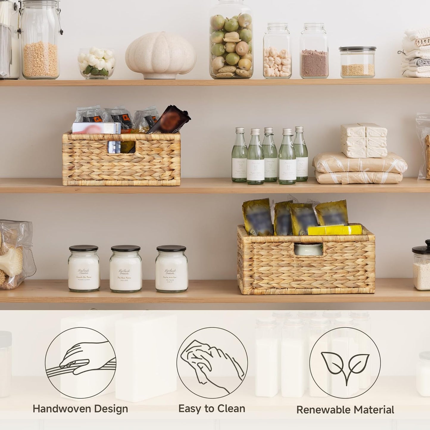 StorageWorks Wicker Basket for Organizing, Pantry Organizer with Wooden Frame, Water Hyacinth Storage Basket for Shelves