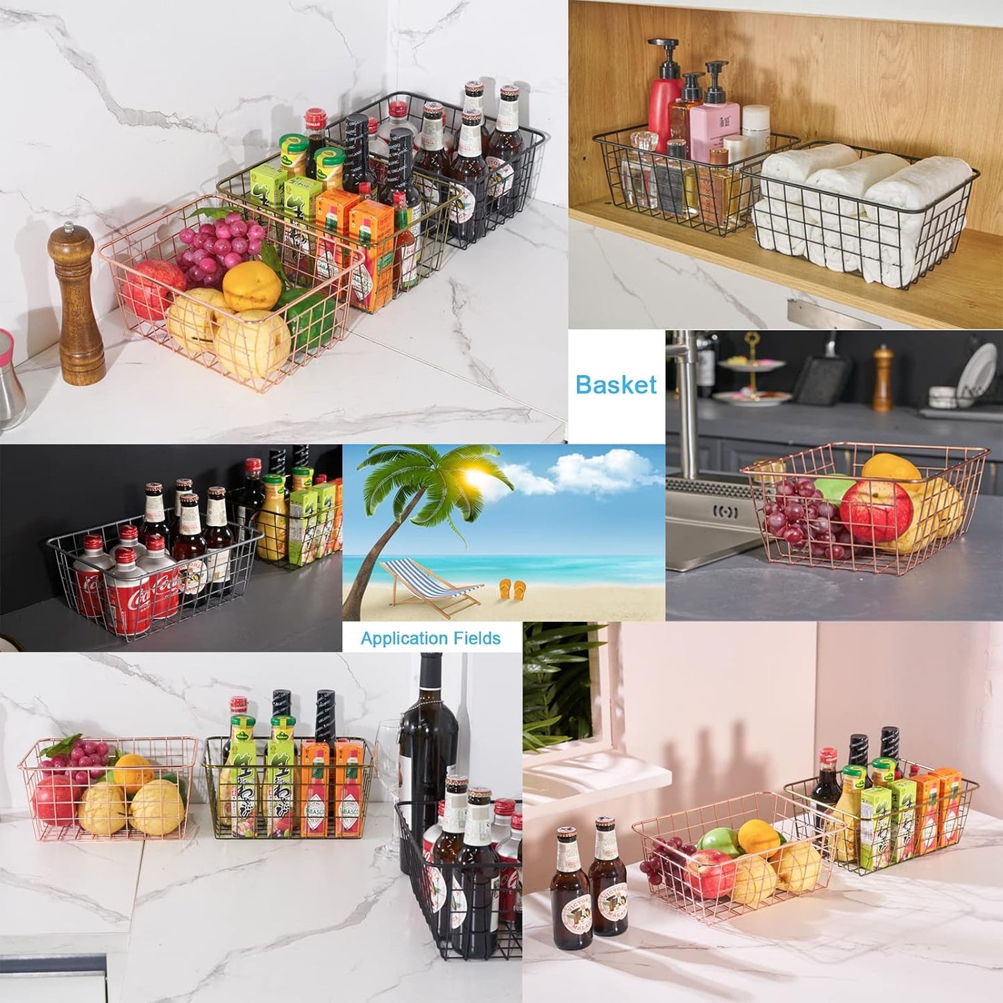 JUNCHU CHERRY Wire Kitchen Storage Basket 4 Packs,Perfect Pantry Organization Accessories Baskets,Laundry Basket,Countertop Organization,Suitable for Kitchen,Bathroom,Bedroom,Tabletop,Stackable,Chrome