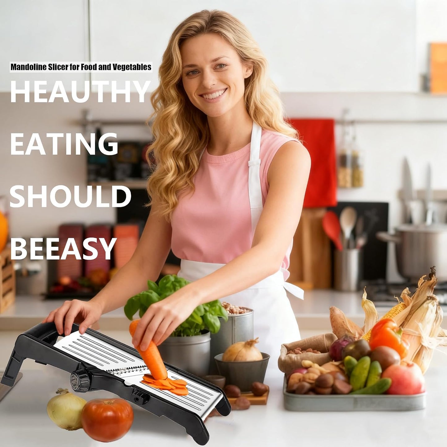 Mandoline Food Slicer for Kitchen, Adjustable Stainless Steel Mandoline Vegetable Slicer, Onion/Potato Slicer/French Fry Cutter, 6-Piece Fruit & Vegetable Cutting Set (Black/Silver)