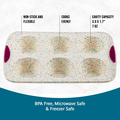Trudeau Structure White Confetti 6-Cup Jumbo Muffin Pan – Premium Steel-Reinforced Silicone Bakeware, Nonstick BPA-Free Cupcake & Muffin Mold – Oven, Freezer & Dishwasher Safe