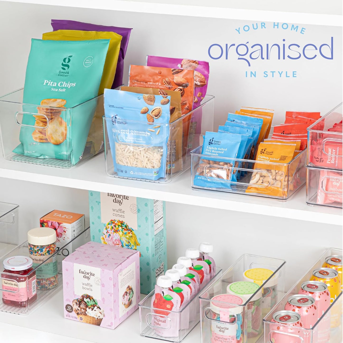 Plastic Food Storage 4 Pack Clear Container Bin with Handles for Organizing Kitchen, Pantry, Refrigerator, Freezer, Pantry, Cabinet, Closet, Bathroom. Stackable 10”x6”x3”