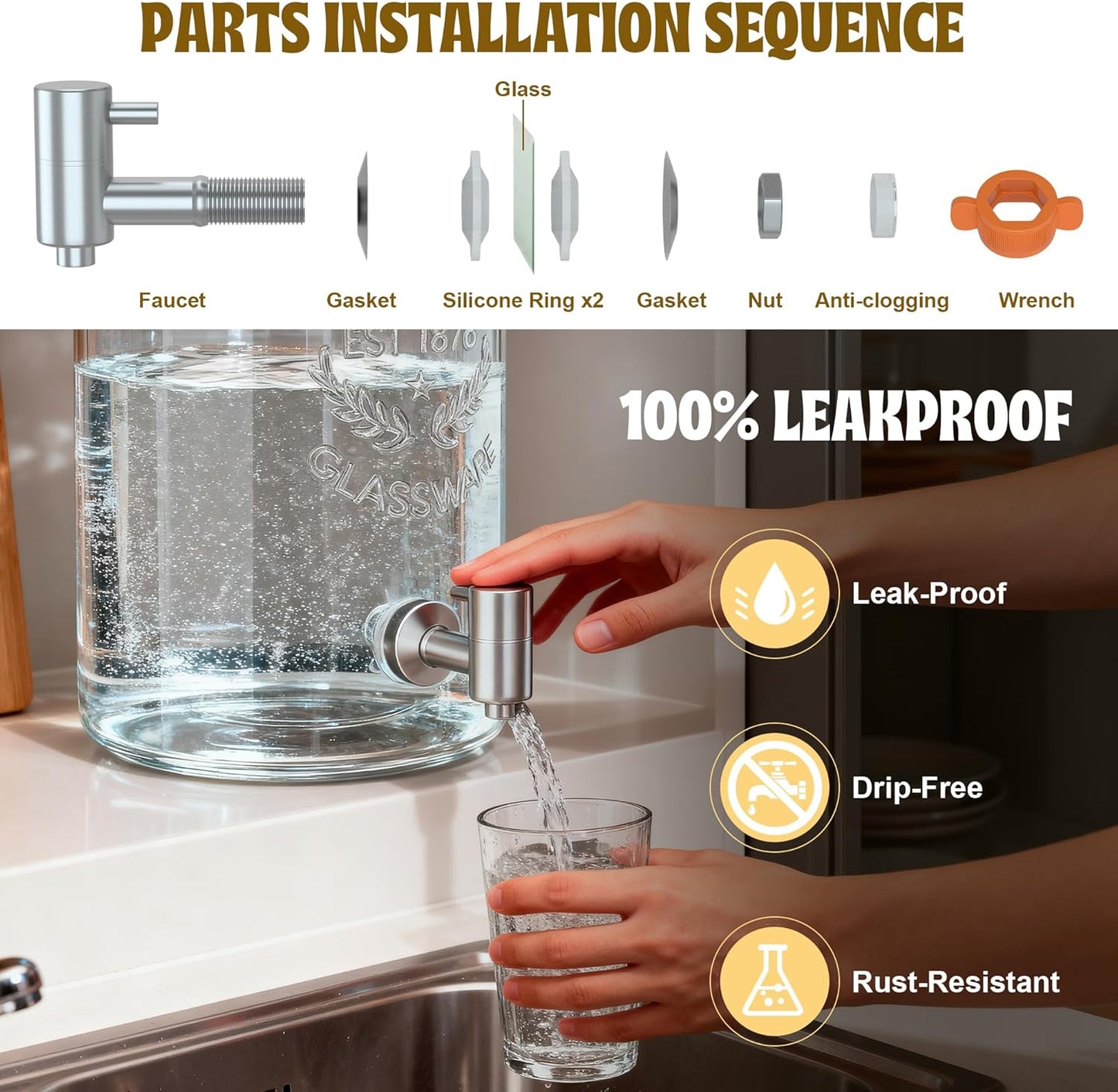 2PCS 1.5 Gallon Drink Dispenser - Glass Beverage Dispenser With Wood Stand and Leakproof Stainless Steel Spigot, Large Drink Dispenser for Parties, Lemonade, Iced Tea, Laundry Detergent Container