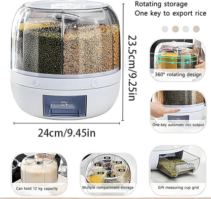 Rotating Grain Storage Bin 6 Grids Rice Container One-Click Output Large Capacity Food Dispenser For Rice Grains Sealed Moisture Proof Organizer (Grey) (Small)