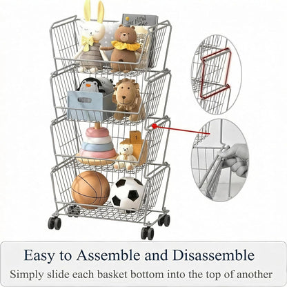 PUSDON 4-Tier Spacious Stackable Wire Storage Baskets with Wheels, Metal Rolling Utility Cart Organizer, Fruit and Vegetable Produce Basket for Kitchen Pantry, Everyday Bathroom Shelf, Silver Grey