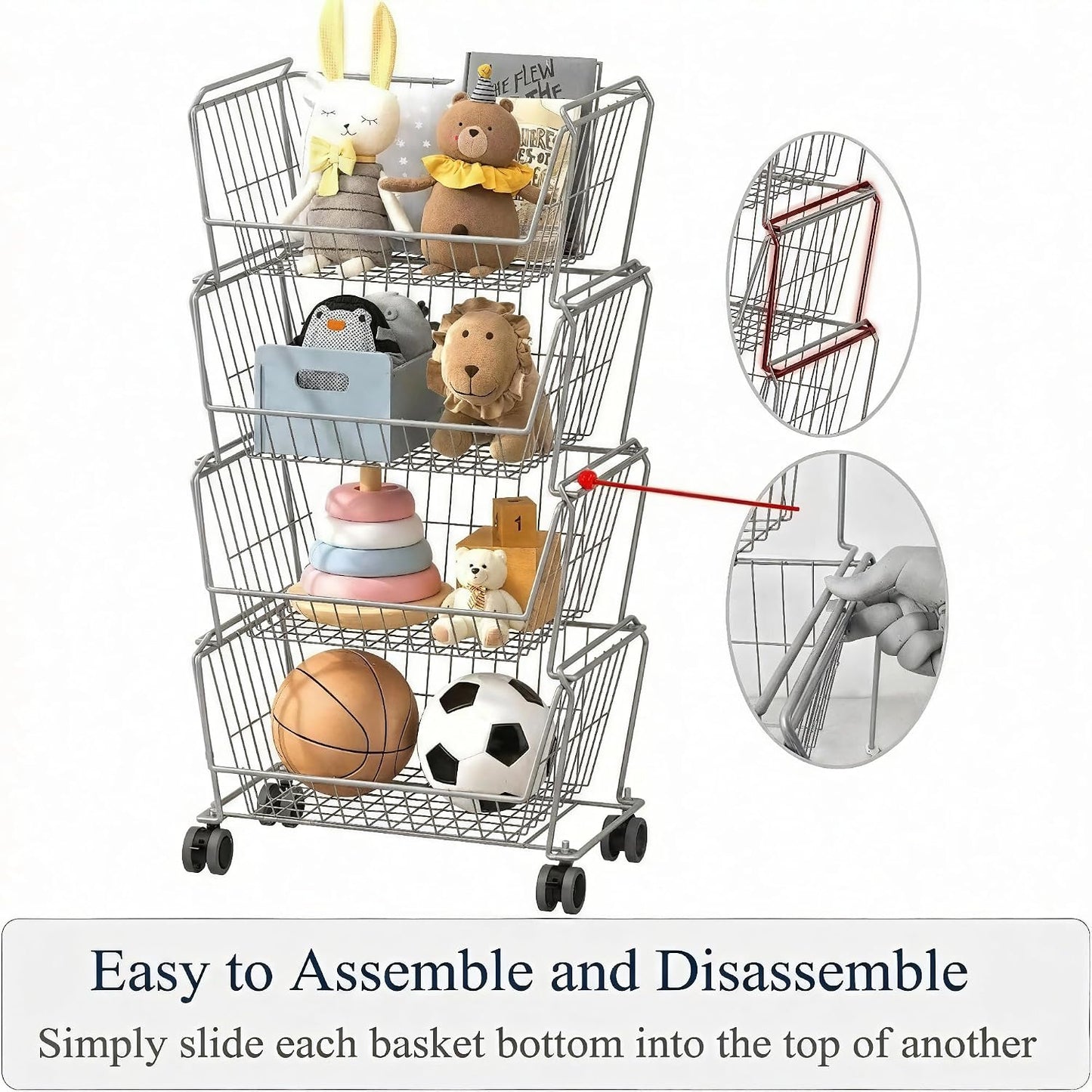 PUSDON 4-Tier Spacious Stackable Wire Storage Baskets with Wheels, Metal Rolling Utility Cart Organizer, Fruit and Vegetable Produce Basket for Kitchen Pantry, Everyday Bathroom Shelf, Silver Grey