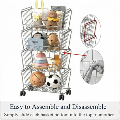 PUSDON 4-Tier Spacious Stackable Wire Storage Baskets with Wheels, Metal Rolling Utility Cart Organizer, Fruit and Vegetable Produce Basket for Kitchen Pantry, Everyday Bathroom Shelf, Silver Grey