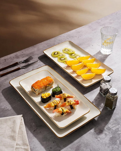Famiware Serving Platter, Rectangular 15.67/14.1/12.6inch Serving Dishes for Entertaining, Microwave Dishwasher Safe, Stoneware Serving Trays for Party, Turkey, Cheese, Ocean Series, Cappuccino White