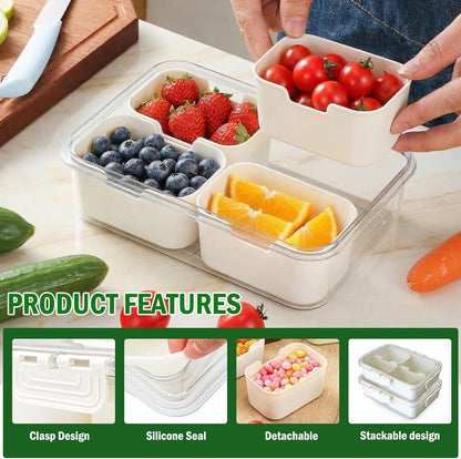 Divided Serving Tray with Lid, 4 Compartment Snack Containers, Snack Box Container for Candy, Snackle Box Container, Fruit and Snacks, Portable Small Snackle Box for Party, Picnic, Travel (2 PCS)