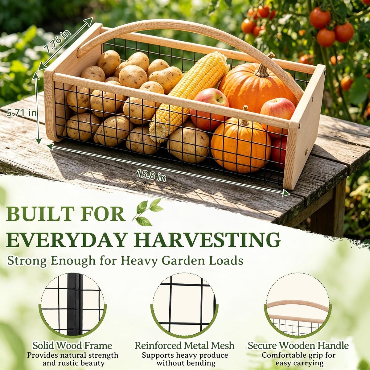 Garden Hod Harvest Basket, Wooden Garden Harvest Basket with Metal Mesh, Vegetable Gathering Basket for Fruit Picking, Rinse & Drain Gardening Basket for Kitchen, Picnic, Farmhouse Decor-Big
