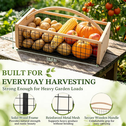 Garden Hod Harvest Basket, Wooden Garden Harvest Basket with Metal Mesh, Vegetable Gathering Basket for Fruit Picking, Rinse & Drain Gardening Basket for Kitchen, Picnic, Farmhouse Decor-Big
