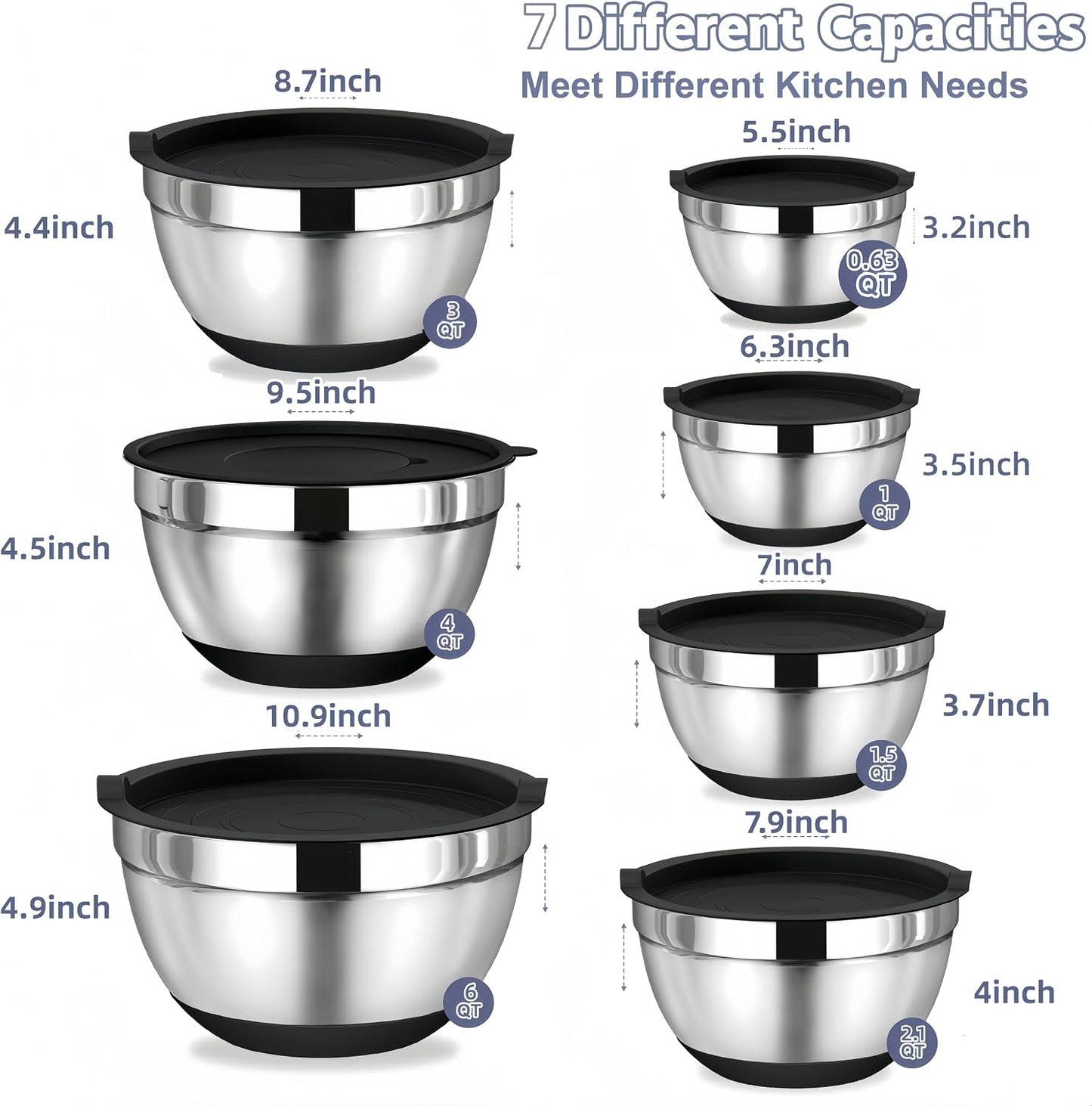 Mixing Bowls with Lids Set,7PCS Stainless Steel Bowls with 3 Grater Attachments and Measuring Spoons,Ideal for Kitchen Cooking & Serving,Non-slip Bottoms Size 6, 4, 3, 2.1,1.5,1,0.63QT (Black)