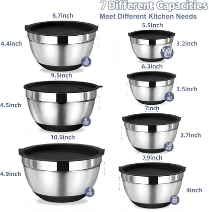 Mixing Bowls with Lids Set,7PCS Stainless Steel Bowls with 3 Grater Attachments and Measuring Spoons,Ideal for Kitchen Cooking & Serving,Non-slip Bottoms Size 6, 4, 3, 2.1,1.5,1,0.63QT (Black)