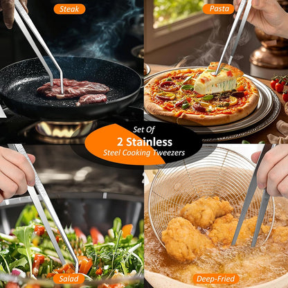 2-Piece Kitchen Tongs Set – 12-Inch Stainless Steel BBQ Tweezers with Straight & Curved Edges, Non-Slip Grip, Heavy Duty for Grilling Steak, Flipping Pancakes, Salads & Cooking