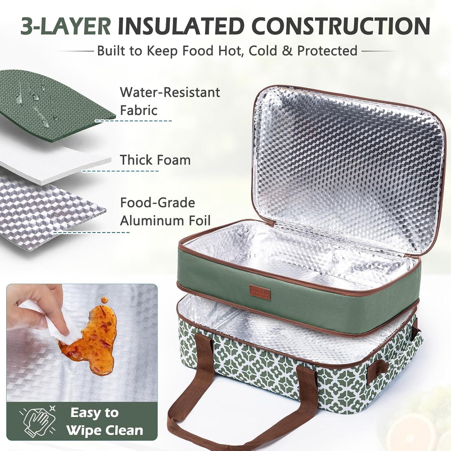Double Layer Insulated Casserole Carrier, Fits 9" x 13" Baking Dish, Food Transport Carrier with Utensil Pocket for Hot & Cold Dishes, Reusable Potluck Tote for Thanksgiving, Parties&Family Gatherings