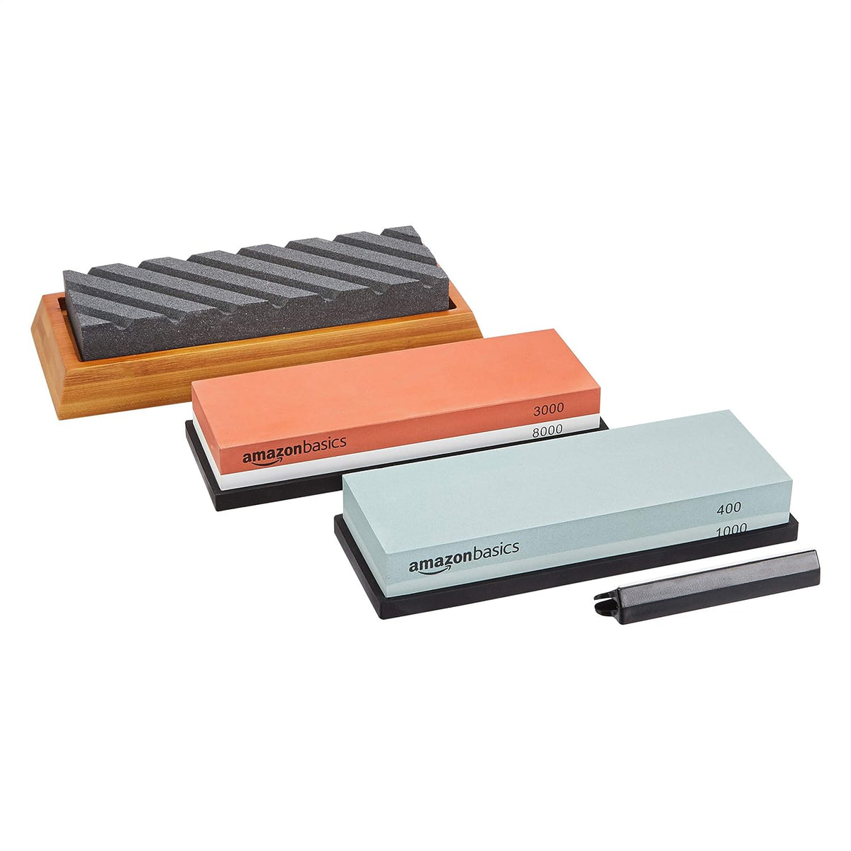 Amazon Basics Whetstone Knife Sharpening Stone, Double-Sided 1000/6000 Grit with Angle Guide, Non-Slip Bamboo Base, Black & Grey