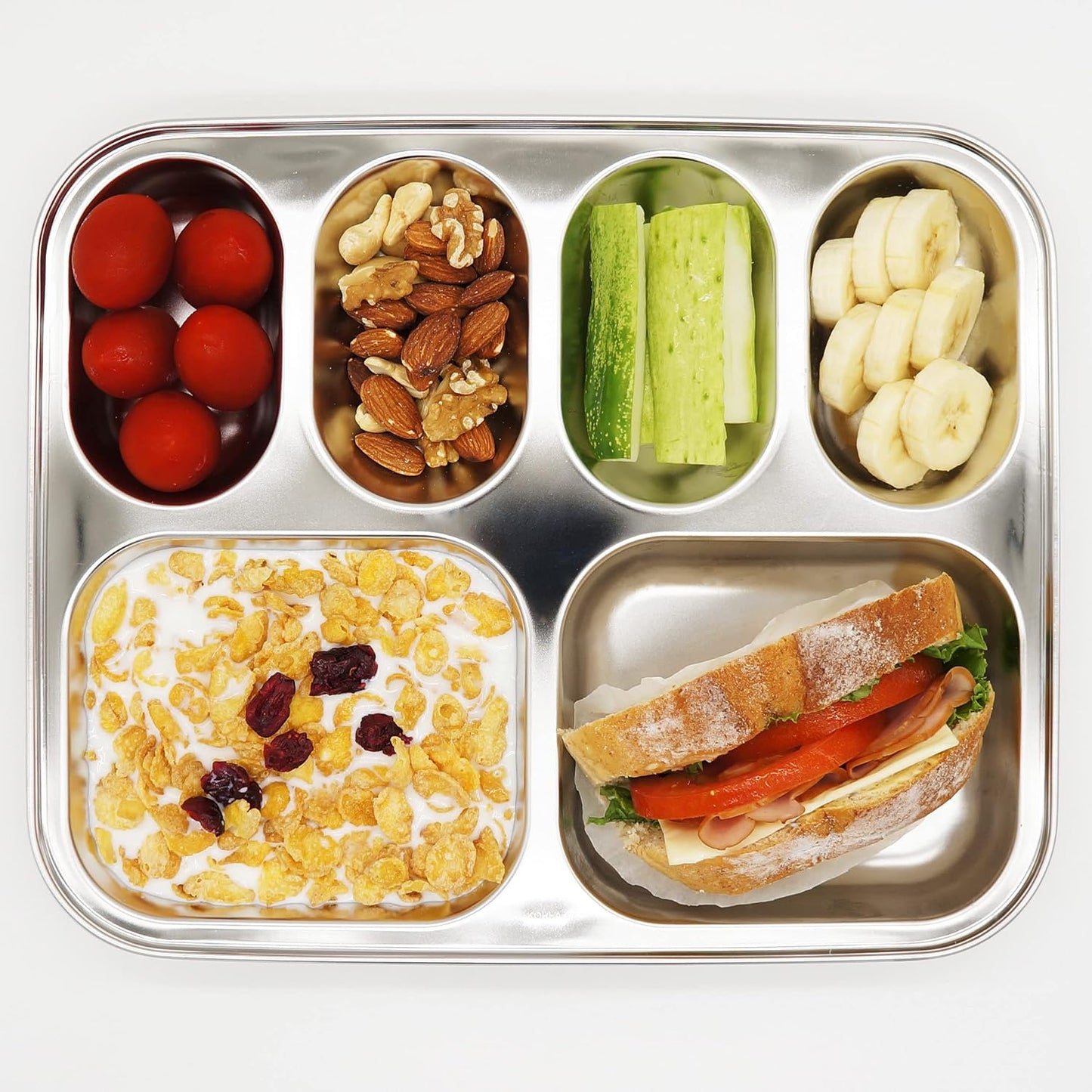 Korean Stainless Steel Divided Plates for Adults, Teens, Premium 304, Electro-Polished, No Black Residue, BPA-Free, Large 5-Compartment Food Tray, Diet Portion Control, Camping, Set of 2