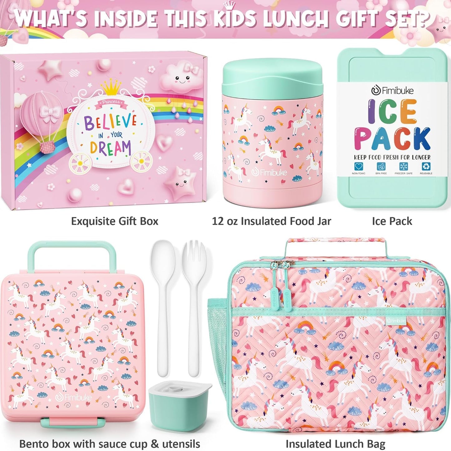 Fimibuke Kids Bento Snack Lunch Box with 4 Compartment, Insulated Lunch Bag, Stainless Steel Vacuum Thermo Food Jar, Ice Pack, Utensils Set, Birthday Gifts for Age 3-12 Back to School Toddler Girl Boy