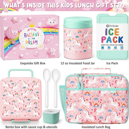Fimibuke Kids Bento Snack Lunch Box with 4 Compartment, Insulated Lunch Bag, Stainless Steel Vacuum Thermo Food Jar, Ice Pack, Utensils Set, Birthday Gifts for Age 3-12 Back to School Toddler Girl Boy
