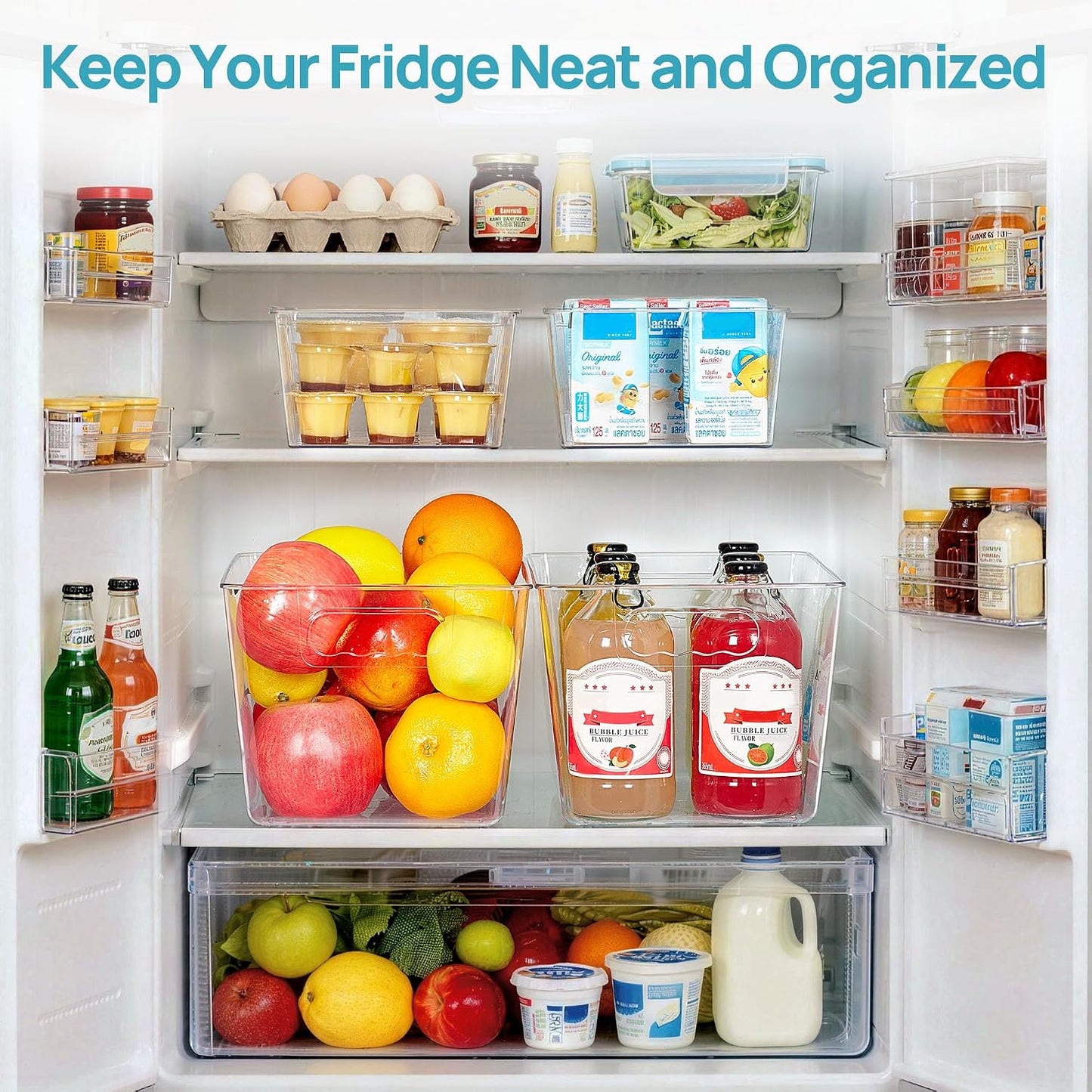 Vtopmart Clear Plastic Storage Bins, 6 PCS Pantry Organizer Bins with Handle for Refrigerator, Fridge, Cabinet, Kitchen, Countertops, Cupboard, Freezer Organization and Storage, Large