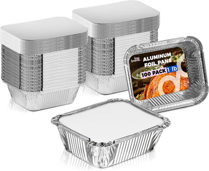 Fit Meal Prep 100 Pack 2.25 lb Aluminum Foil Pans with Lids, Disposable Take Out Food Containers with lids for Freshness and Spill Proof, 8.5 x 6 x 2 Disposable Cookware for Catering, Restaurants