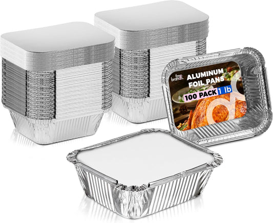 Fit Meal Prep 100 Pack 2.25 lb Aluminum Foil Pans with Lids, Disposable Take Out Food Containers with lids for Freshness and Spill Proof, 8.5 x 6 x 2 Disposable Cookware for Catering, Restaurants
