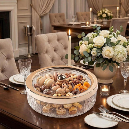 Divided Serving Tray Snack Platter Rotating 6 Compartments Dustproof Nuts Storage Platter Dessert Plate for Home Living Room, rose golden ball
