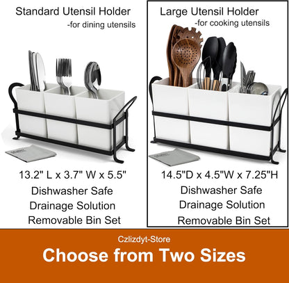 Czlizdyt Cutlery Holder with Drain Holes, Silverware Caddy for Party Countertop, 3pcs Bins Set Utensil Holders for Spoon and Fork, White