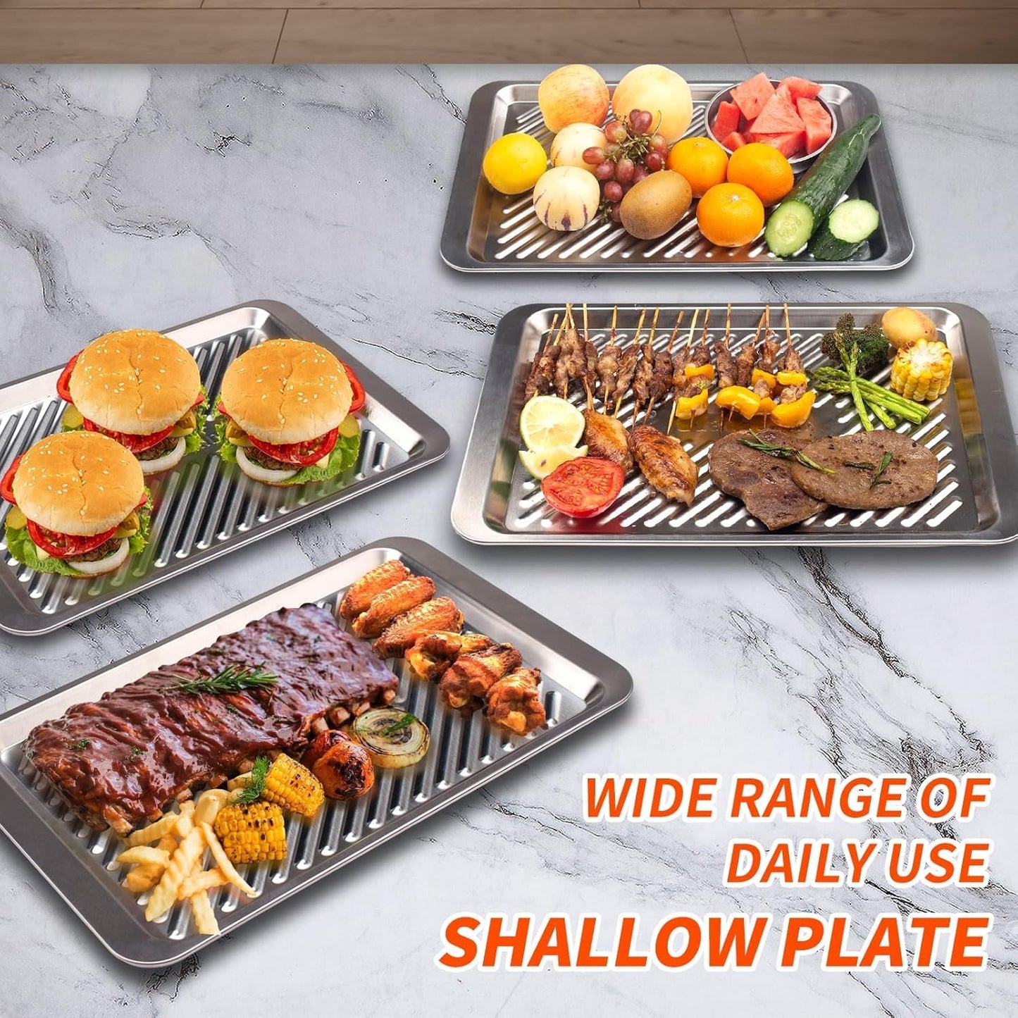 Grilling Prep and Serve Trays, Set of 2 Stackable Stainless Steel BBQ Trays, Deep Marinating Container, Serving Platter for Plating Food, BBQ Prep Tub for Marinating Meats, Grill Accessories
