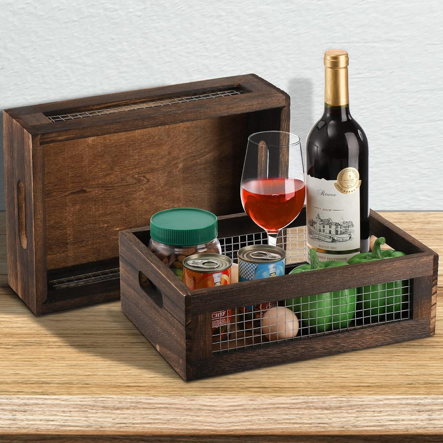 Dicunoy Set of 2 Rustic Nesting Boxes, Wooden Organizer Crates Basket, Small Decorative Wood Wire Containers with Handle for Countertop, Fruit, Veggies, Kitchen, Bathroom, Pantry Storage, Gift Basket