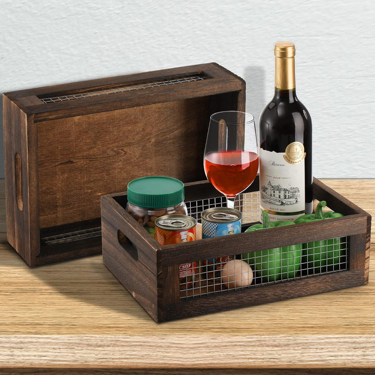 Dicunoy Set of 2 Rustic Nesting Boxes, Wooden Organizer Crates Basket, Small Decorative Wood Wire Containers with Handle for Countertop, Fruit, Veggies, Kitchen, Bathroom, Pantry Storage, Gift Basket