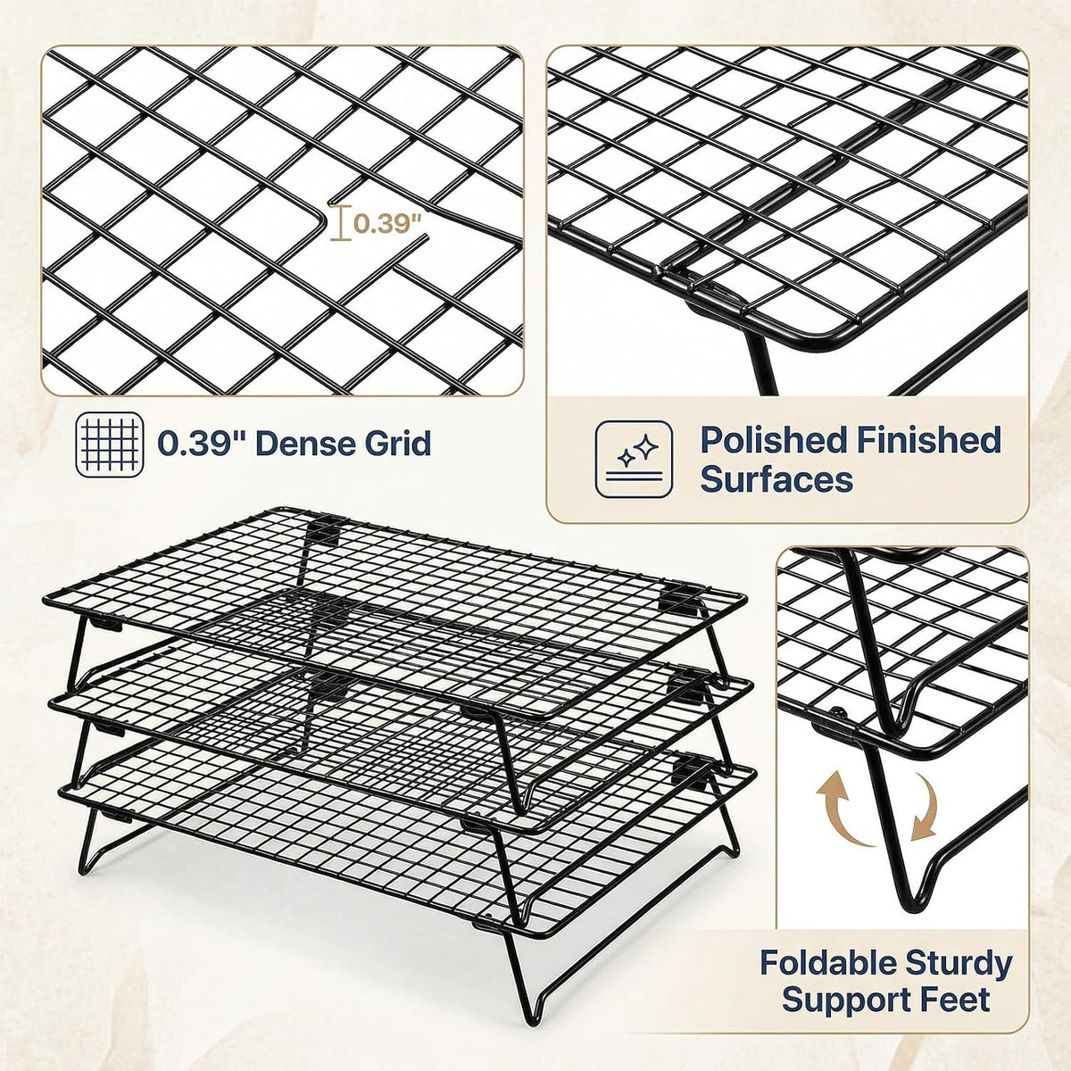 3-Tier Stackable Cooling Rack for Cooking and Baking, 17" x 11" Large Black Wire Cooling Rack, Foldable & Heavy Duty Cookie Cooling Rack, Oven Safe Baking Rack