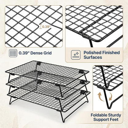 3-Tier Stackable Cooling Rack for Cooking and Baking, 17" x 11" Large Black Wire Cooling Rack, Foldable & Heavy Duty Cookie Cooling Rack, Oven Safe Baking Rack