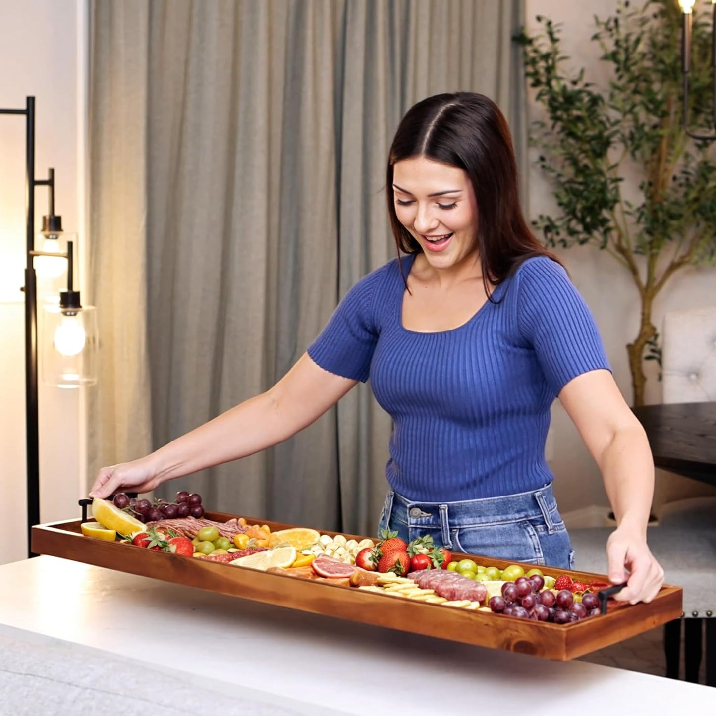 TIDITA Acacia Large Charcuterie Boards for Party with Cheese Knife Set of 4 – Acacia Wood Serving Tray with Handles, Long Charcuterie Board, Wooden Cheese Board (Walnut Color, 30 Inch)
